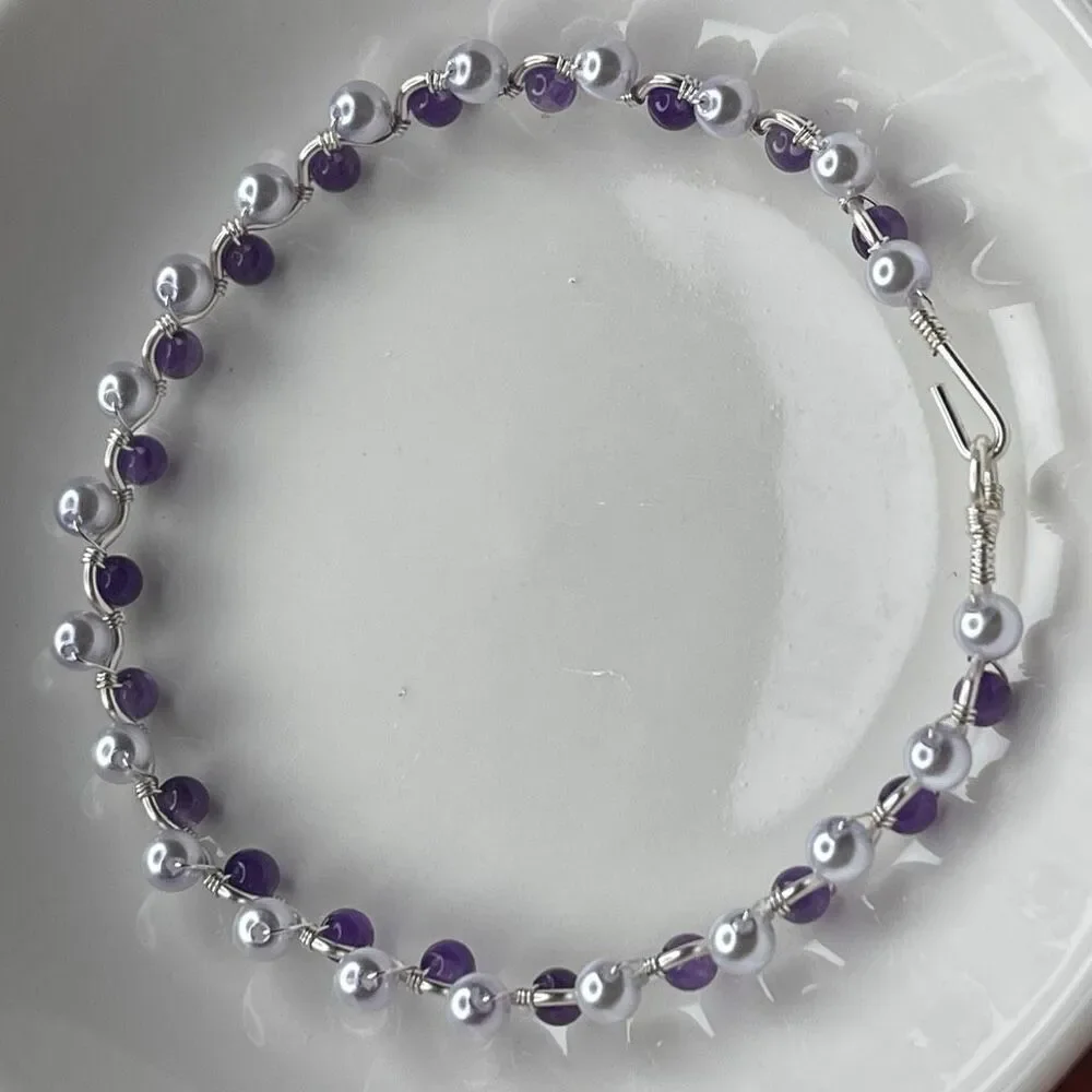 Rebekah bangle bracelet 8” silver copper core lavender purple shell beads pearls